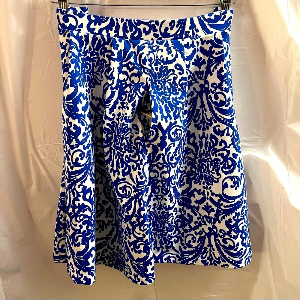 ADRIENNE VITTADINI SKIRT, Sz L, Blue & White Pull On Flare Skirt with Pockets.
